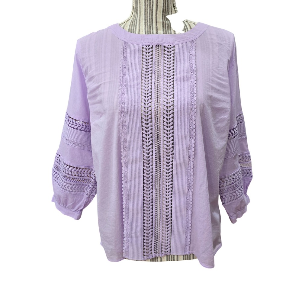 Talbots Crochet Lace Top Womens Large Purple 3/4 Balloon Sleeve Embroidered